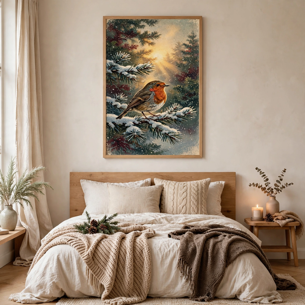 Christmas Robin on Frosted Pine poster in a minimalist bedroom