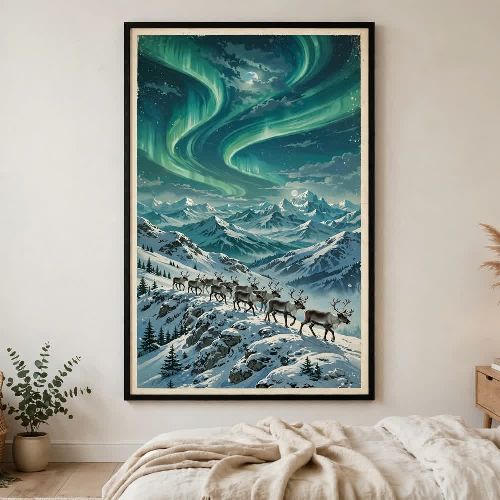 Reindeer Aurora Ridge — Vintage Winter Landscape Poster