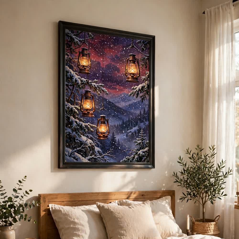 Copper Glow Lanterns — Vintage Winter Landscape Poster