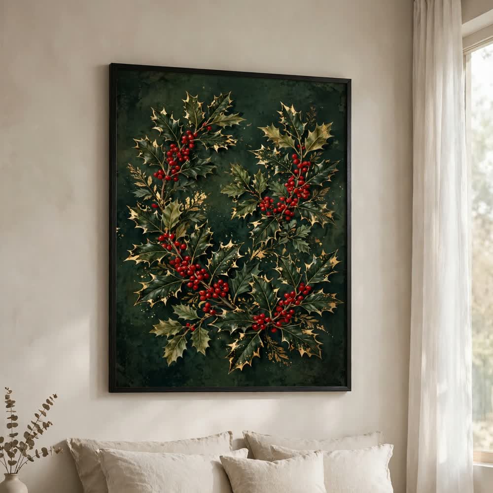 Holly and Gold — Vintage Winter Landscape Poster