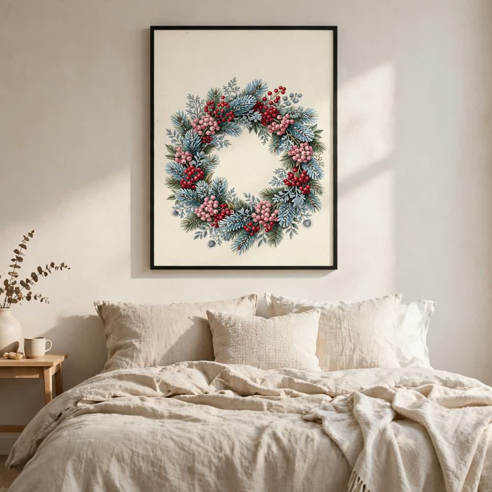 Berry & Blue Wreath — Vintage Winter Landscape Poster