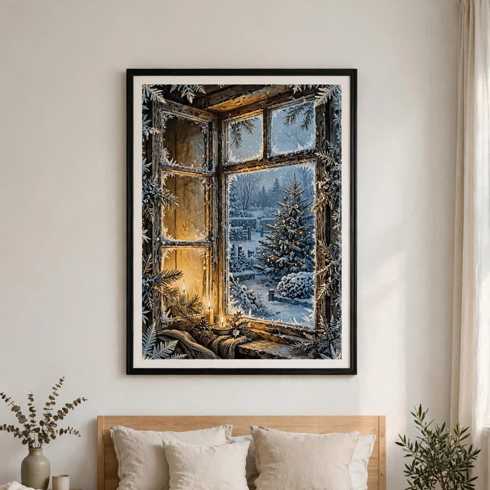 Christmas Morning Window — Vintage Winter Landscape Poster