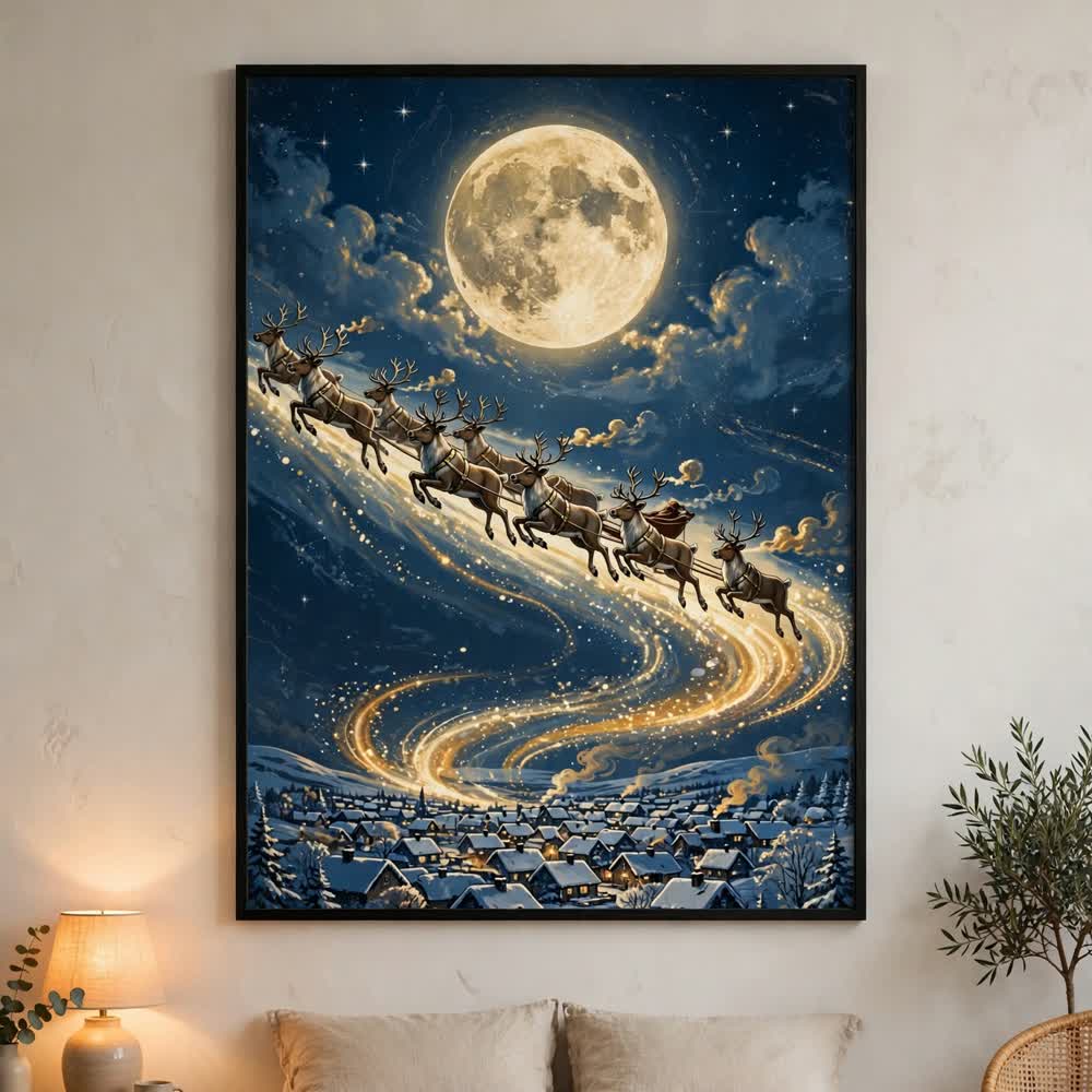 Santa's Midnight Flight — Vintage Winter Landscape Poster