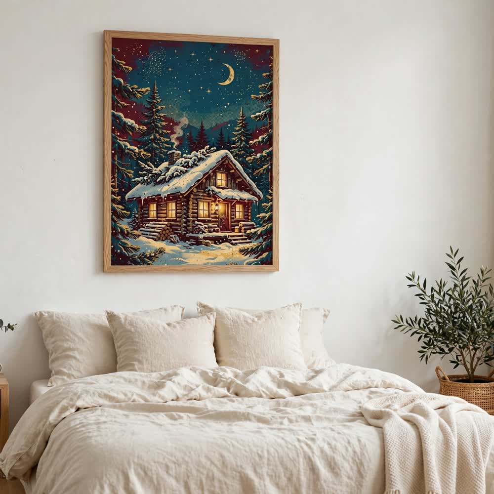 Golden Hour Cabin — Vintage Winter Landscape Poster