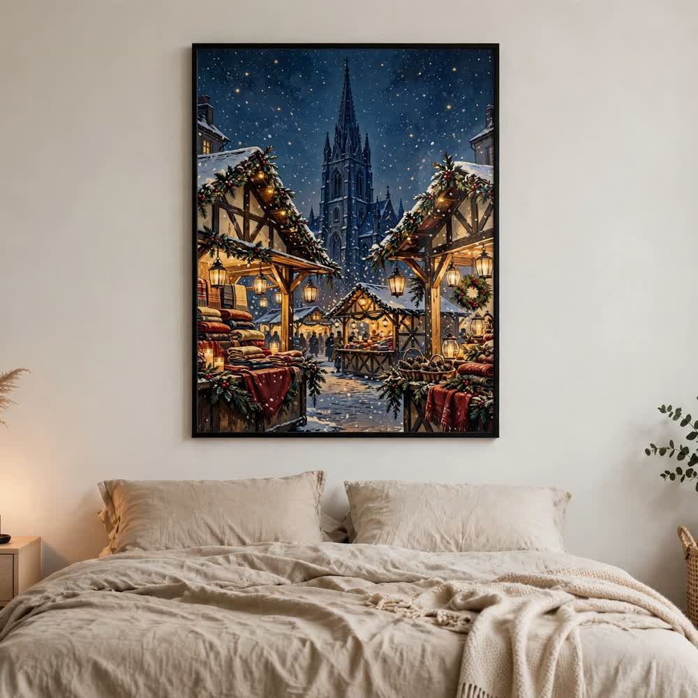 Starlit Christmas Market — Vintage Winter Landscape Poster