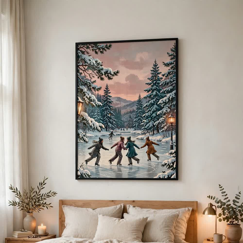 Frost Pond Skaters — Vintage Winter Landscape Poster