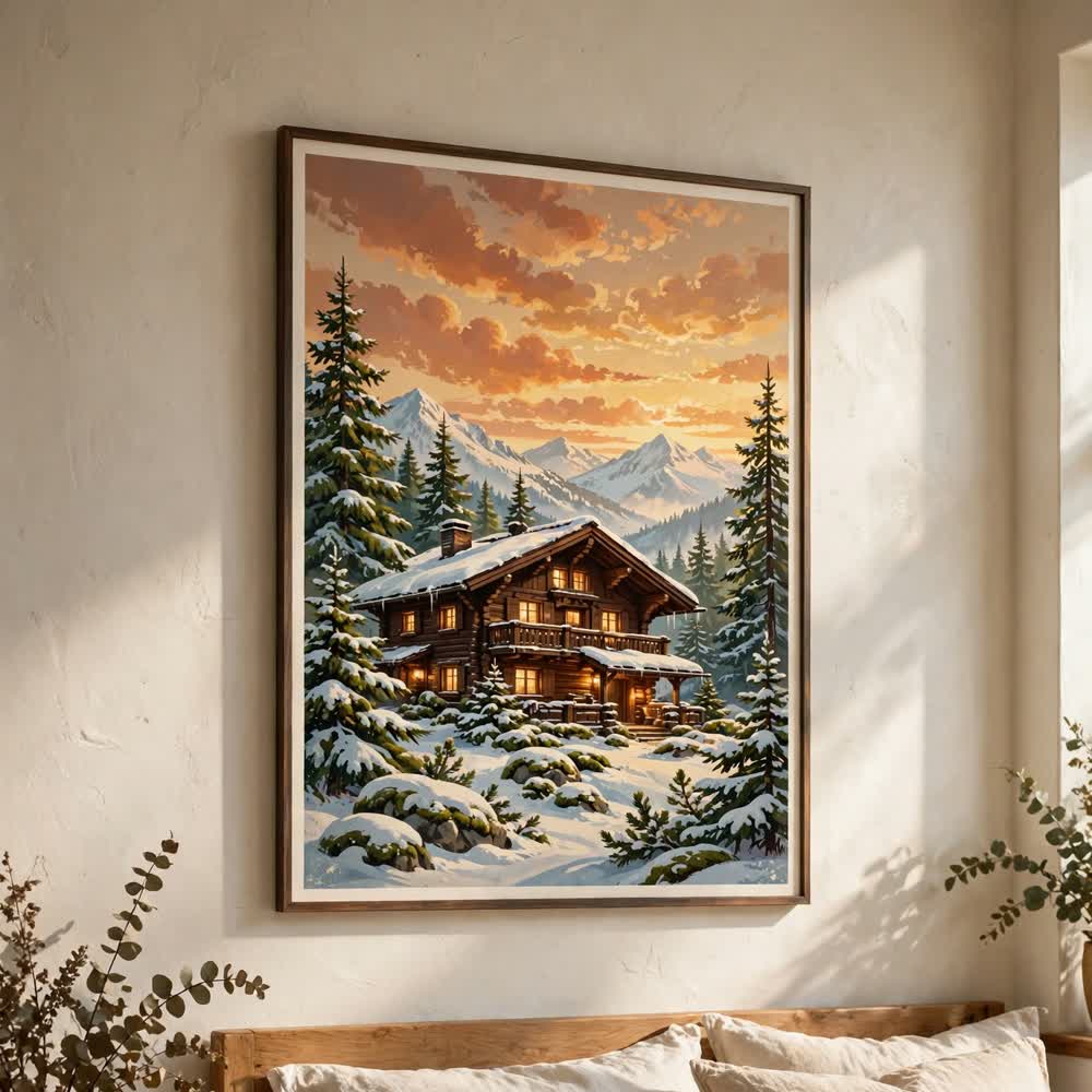 Alpine Chalet Morning — Vintage Winter Landscape Poster