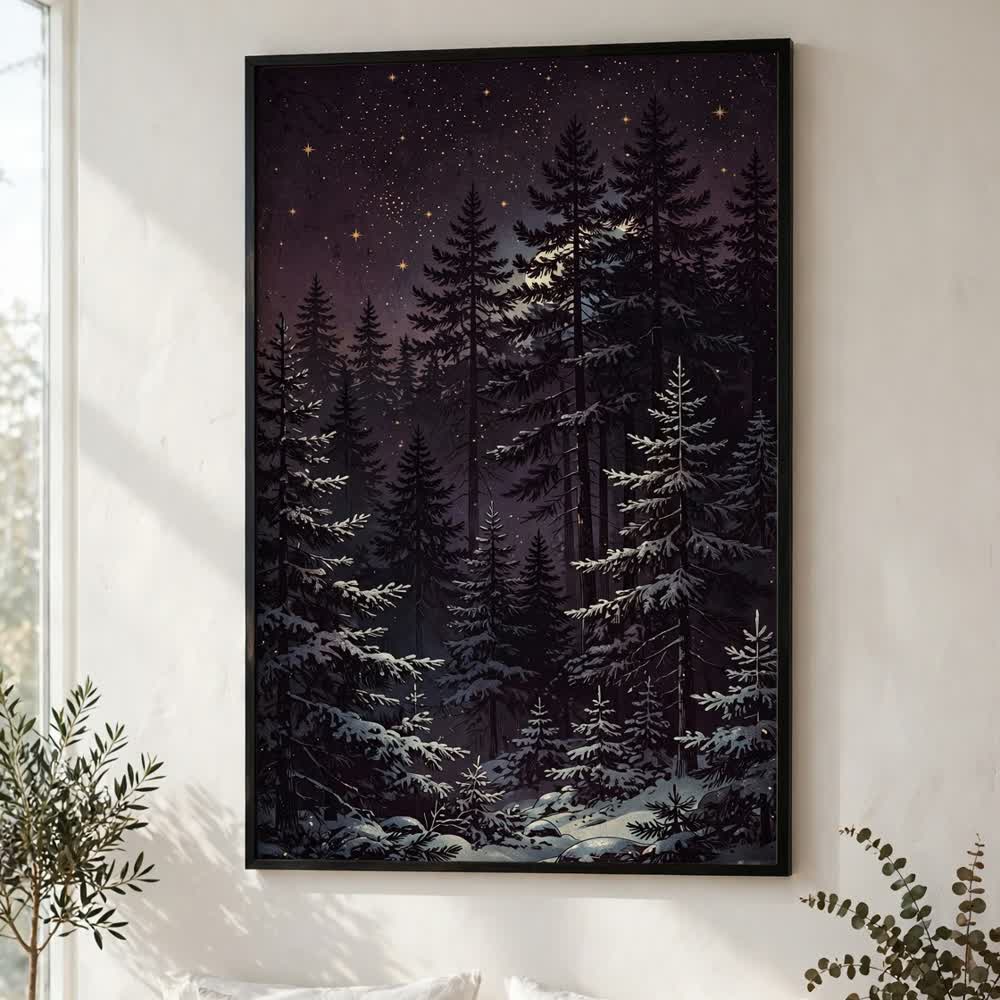 Aubergine Winter Night — Vintage Winter Landscape Poster