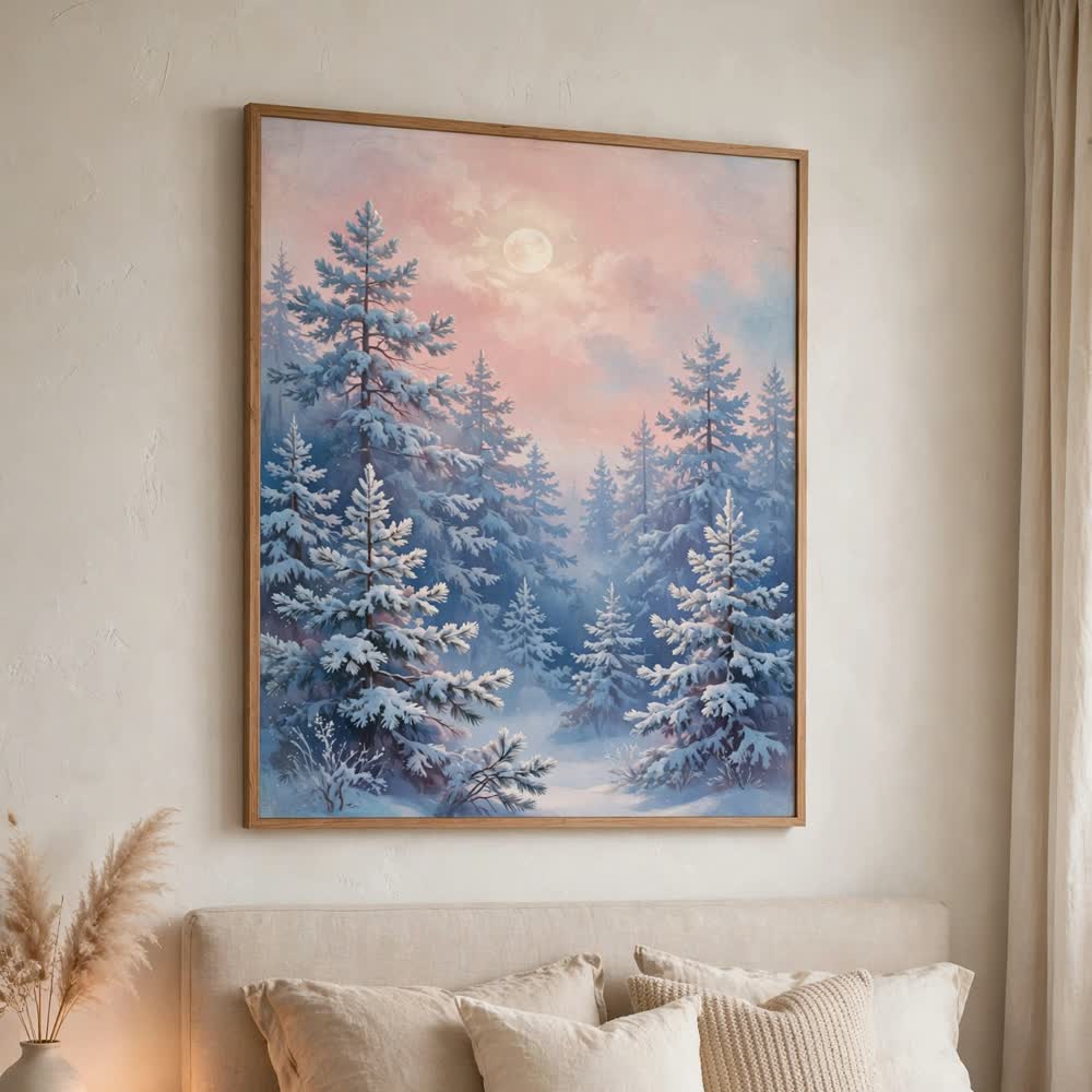 Pink Winter Dreams — Vintage Winter Landscape Poster