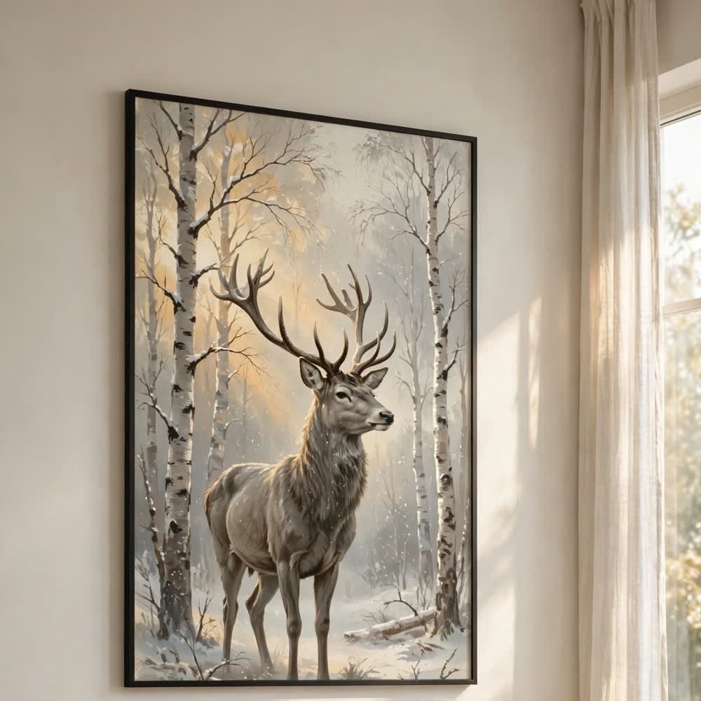 Winter Wonderland Stag — Vintage Winter Landscape Poster