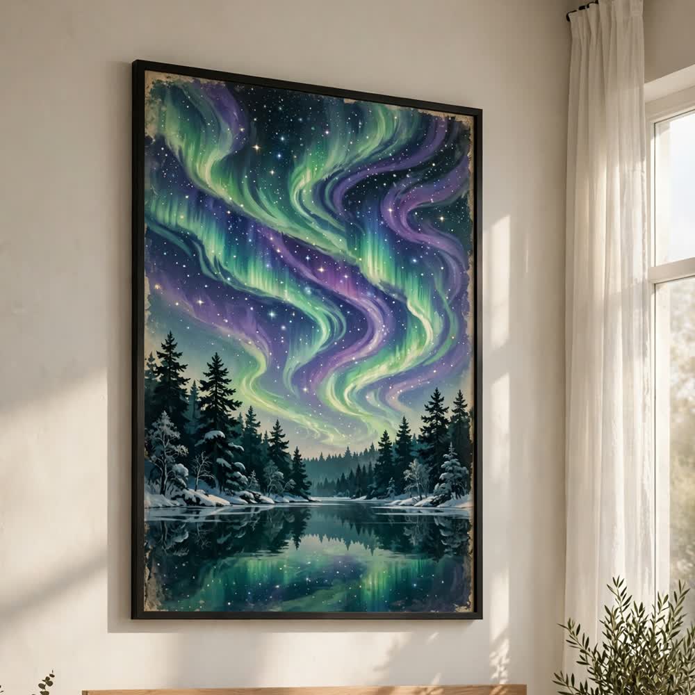 Aurora Over the Pines — Vintage Winter Landscape Poster