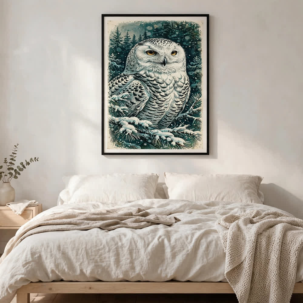 Snowy Owl Portrait — Vintage Winter Landscape Poster