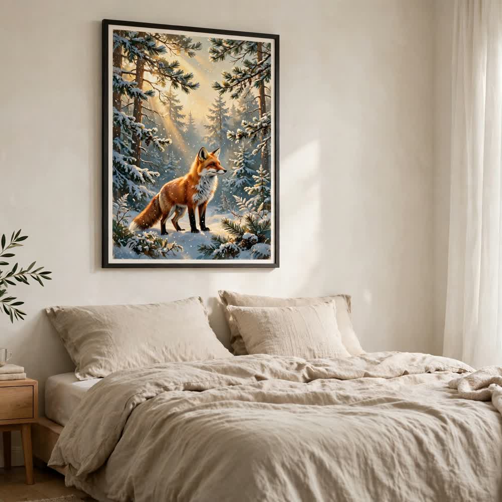 Woodland Fox in Snow — Vintage Winter Landscape Poster
