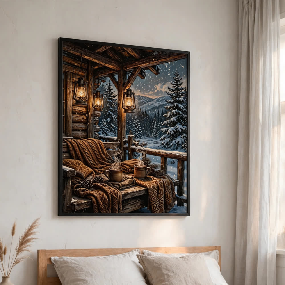 Cocoa Cabin Porch — Vintage Winter Landscape Poster
