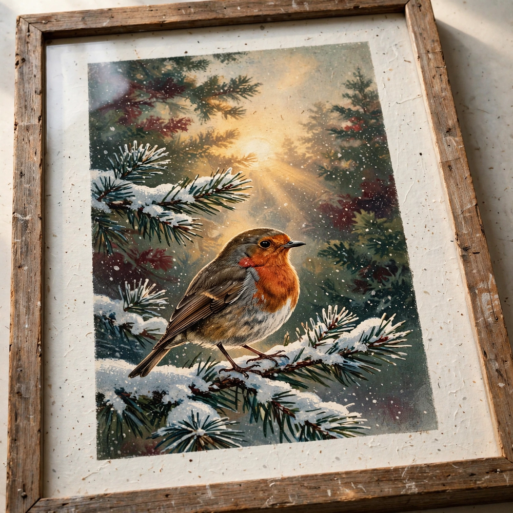 Close-up detail of Christmas Robin on Frosted Pine poster print quality