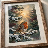 Close-up detail of Christmas Robin on Frosted Pine poster print quality