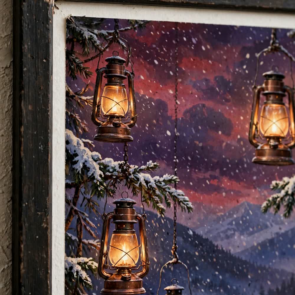 Copper Glow Lanterns — Vintage Winter Landscape Poster