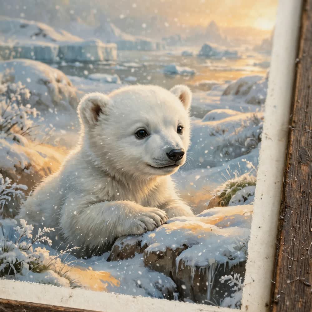 Polar Bear Cub — Vintage Winter Landscape Poster