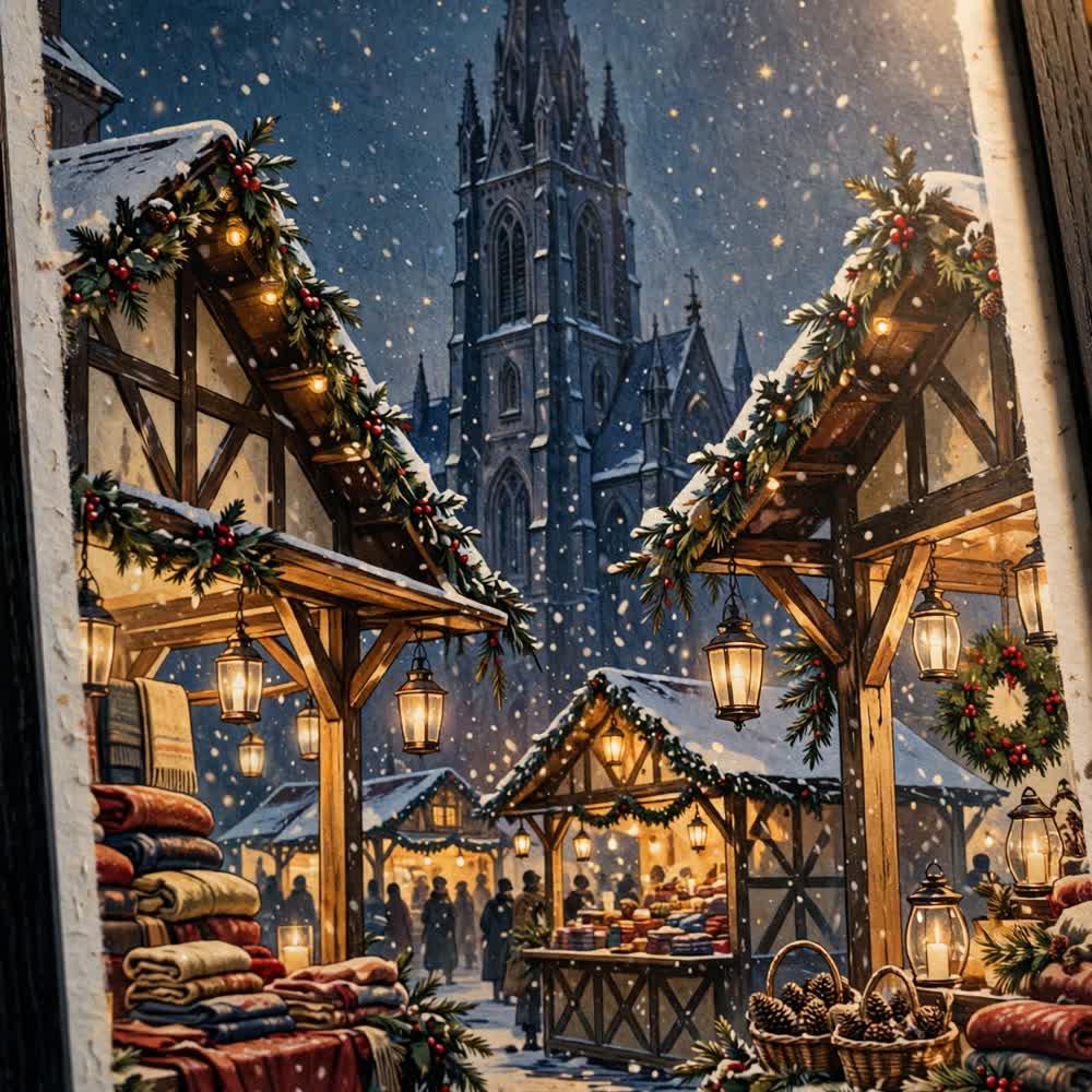Starlit Christmas Market — Vintage Winter Landscape Poster