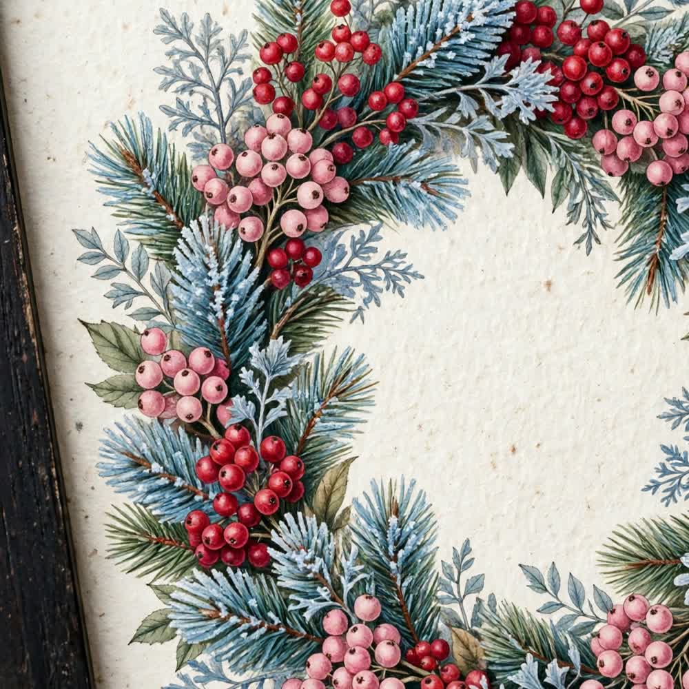 Berry & Blue Wreath — Vintage Winter Landscape Poster