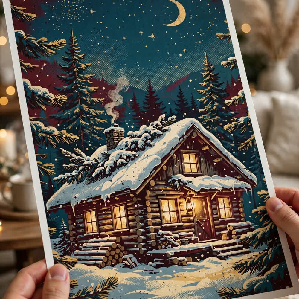 Golden Hour Cabin — Vintage Winter Landscape Poster