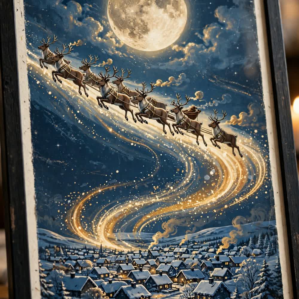 Santa's Midnight Flight — Vintage Winter Landscape Poster