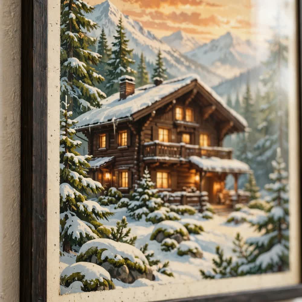 Alpine Chalet Morning — Vintage Winter Landscape Poster