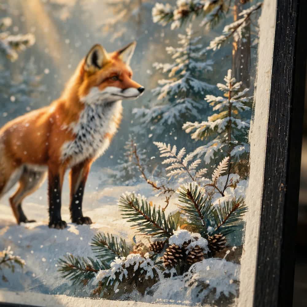 Woodland Fox in Snow — Vintage Winter Landscape Poster