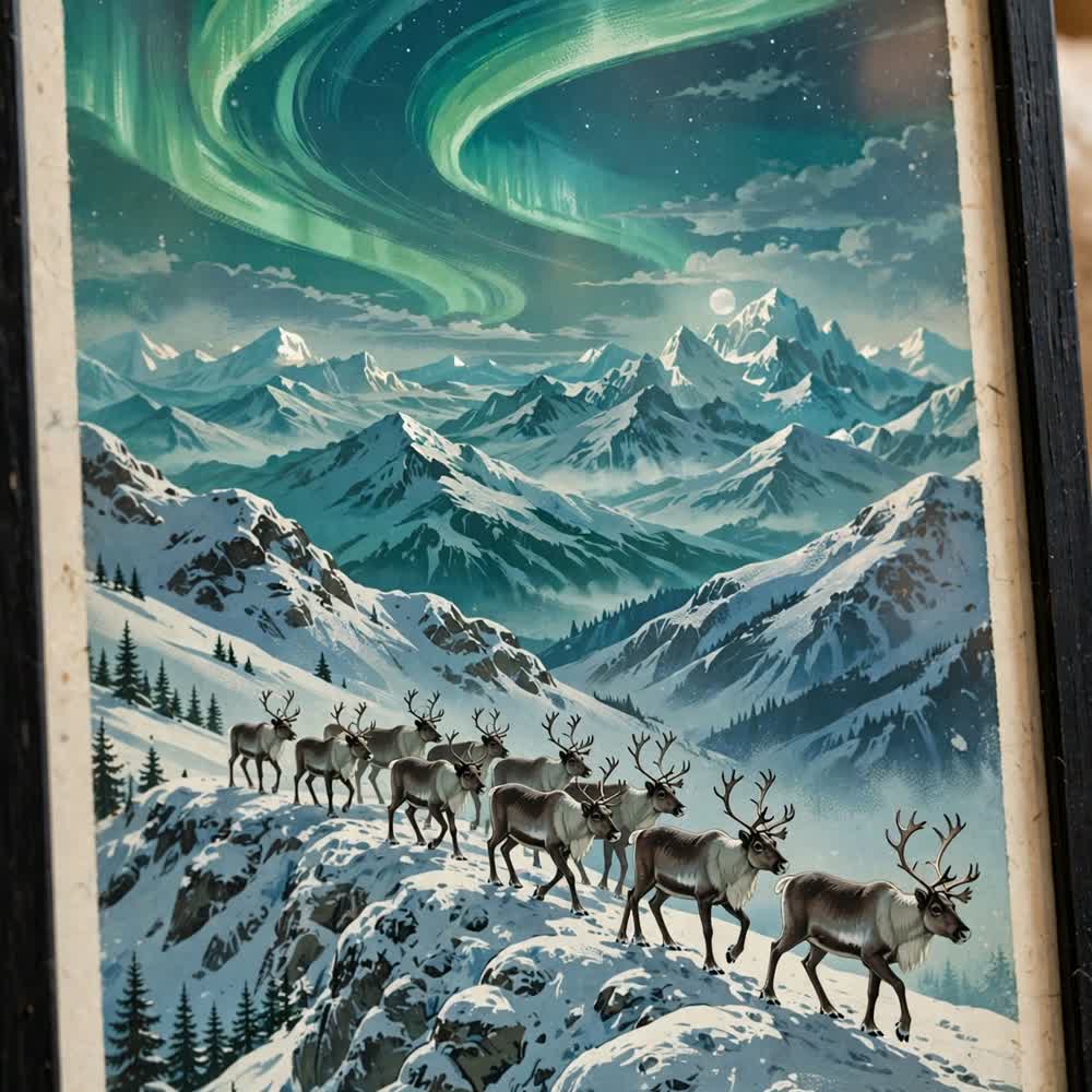 Reindeer Aurora Ridge — Vintage Winter Landscape Poster