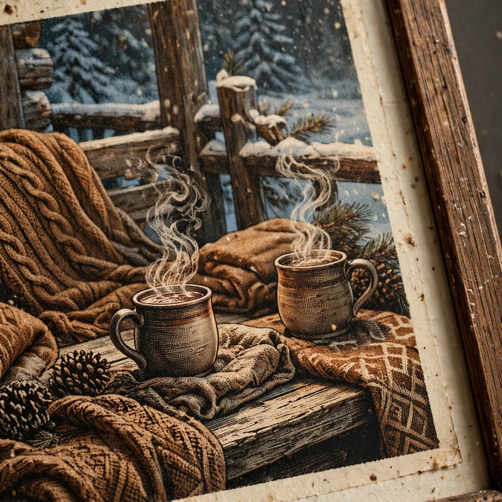 Cocoa Cabin Porch — Vintage Winter Landscape Poster