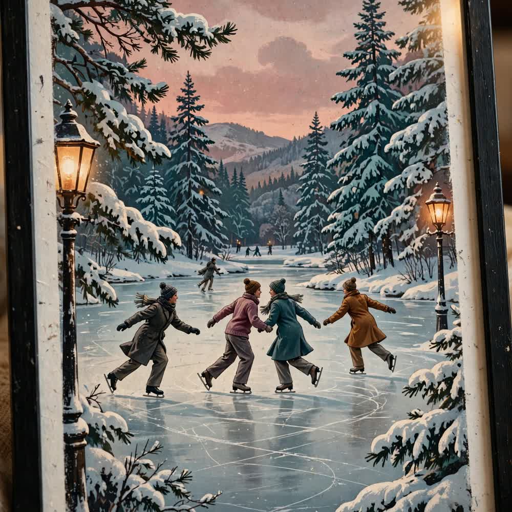 Frost Pond Skaters — Vintage Winter Landscape Poster