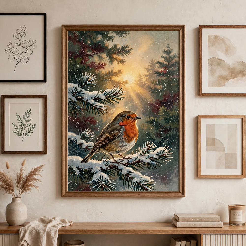 Christmas Robin on Frosted Pine poster as centerpiece of a gallery wall