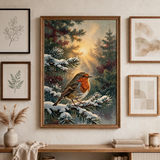 Christmas Robin on Frosted Pine poster as centerpiece of a gallery wall