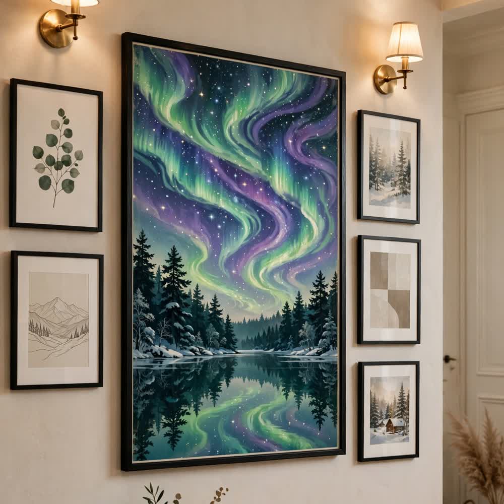 Aurora Over the Pines — Vintage Winter Landscape Poster