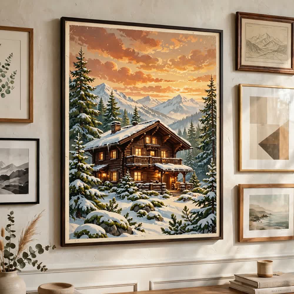 Alpine Chalet Morning — Vintage Winter Landscape Poster