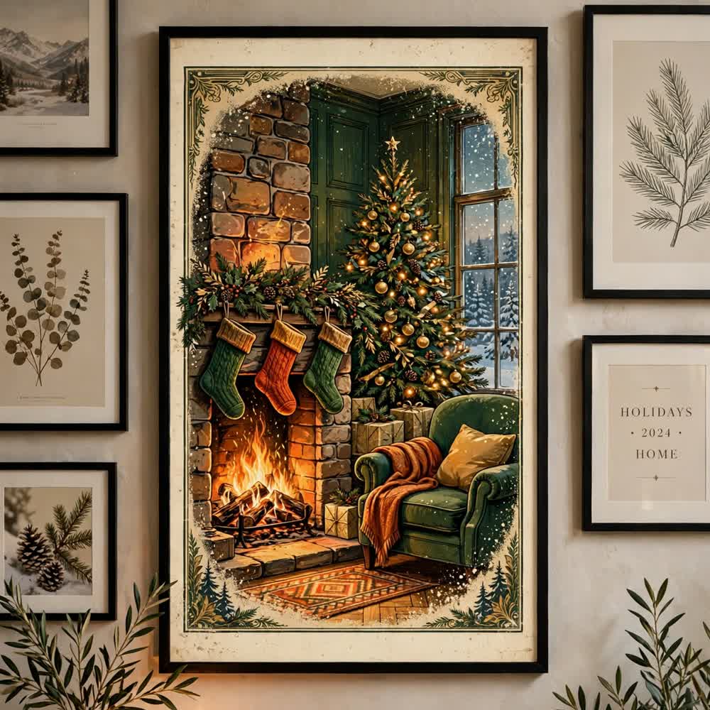 Hearthside Glow — Vintage Winter Landscape Poster