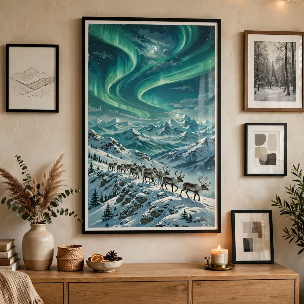Reindeer Aurora Ridge — Vintage Winter Landscape Poster