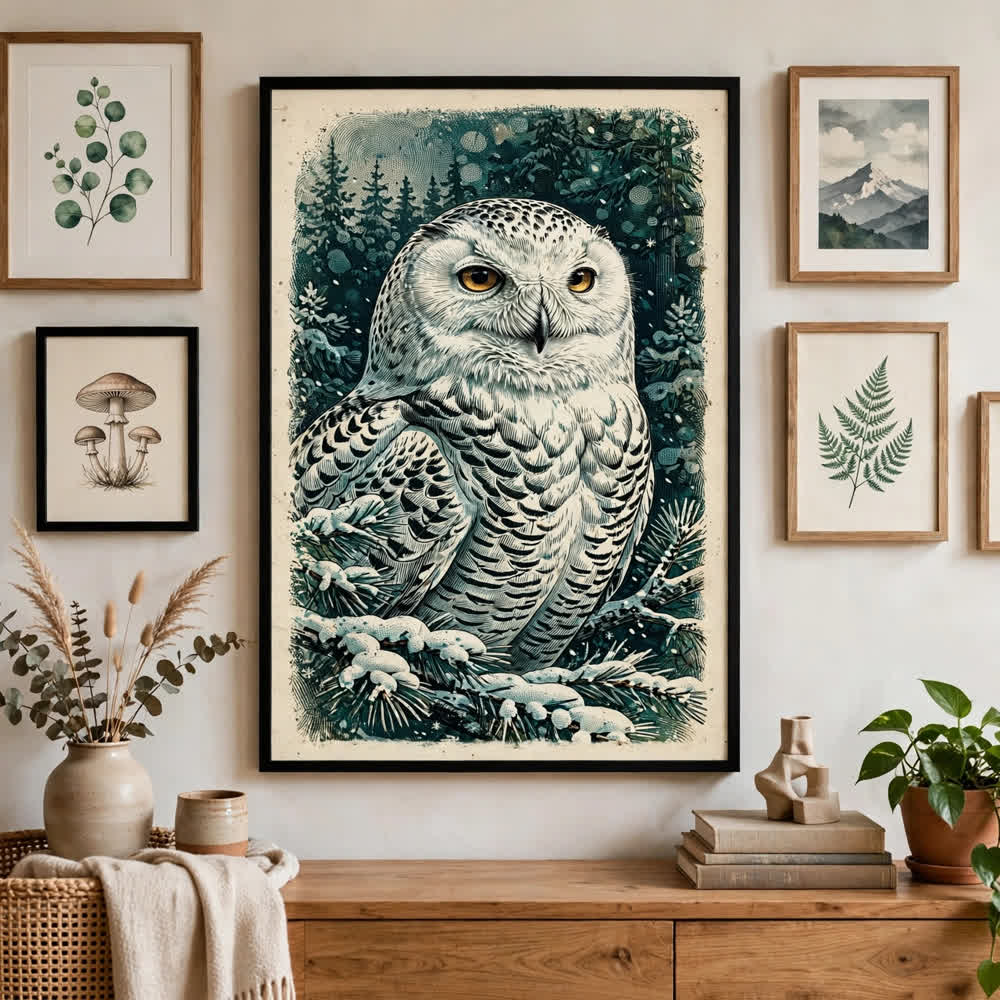 Snowy Owl Portrait — Vintage Winter Landscape Poster