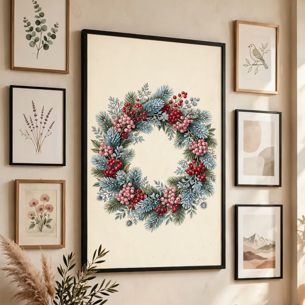 Berry & Blue Wreath — Vintage Winter Landscape Poster