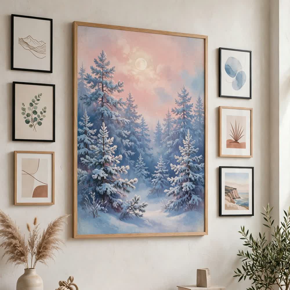 Pink Winter Dreams — Vintage Winter Landscape Poster