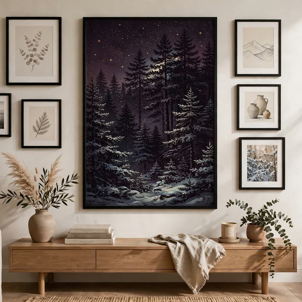 Aubergine Winter Night — Vintage Winter Landscape Poster