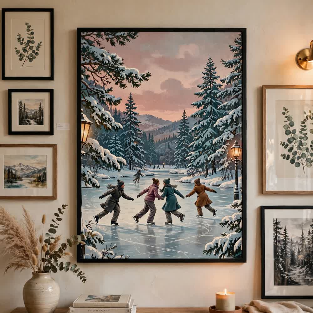 Frost Pond Skaters — Vintage Winter Landscape Poster