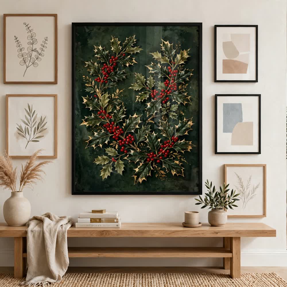 Holly and Gold — Vintage Winter Landscape Poster