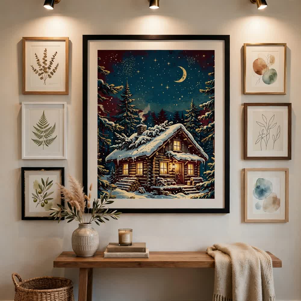 Golden Hour Cabin — Vintage Winter Landscape Poster