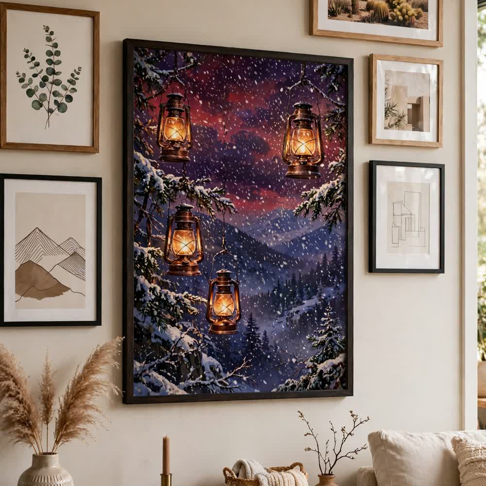 Copper Glow Lanterns — Vintage Winter Landscape Poster