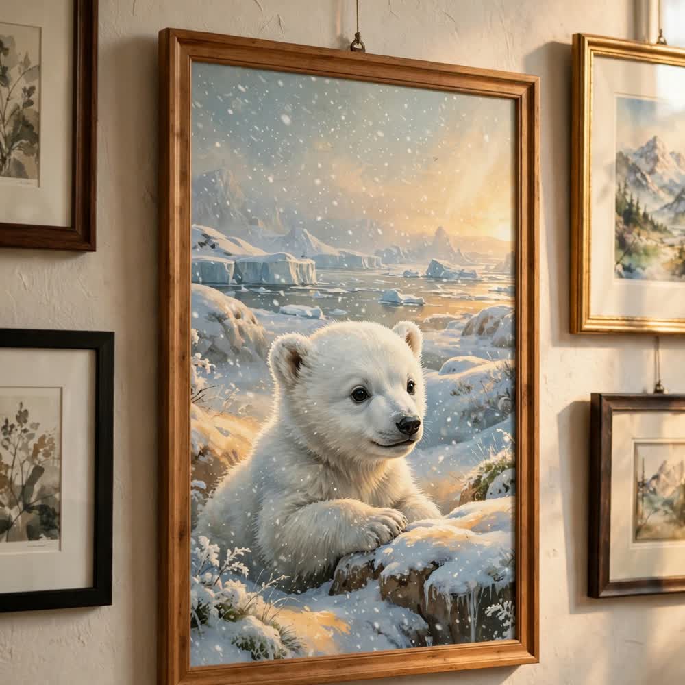 Polar Bear Cub — Vintage Winter Landscape Poster