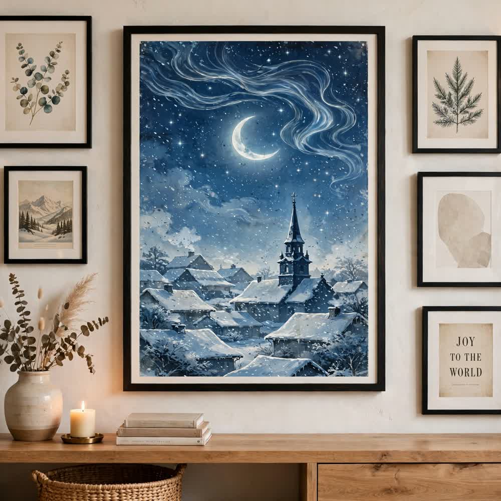 Celestial Silver Noel — Vintage Winter Night Poster