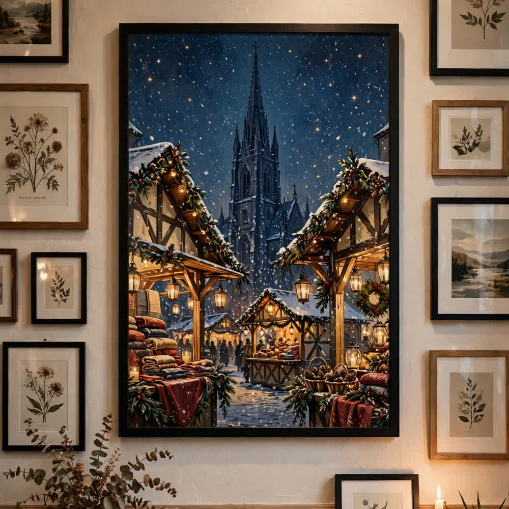 Starlit Christmas Market — Vintage Winter Landscape Poster