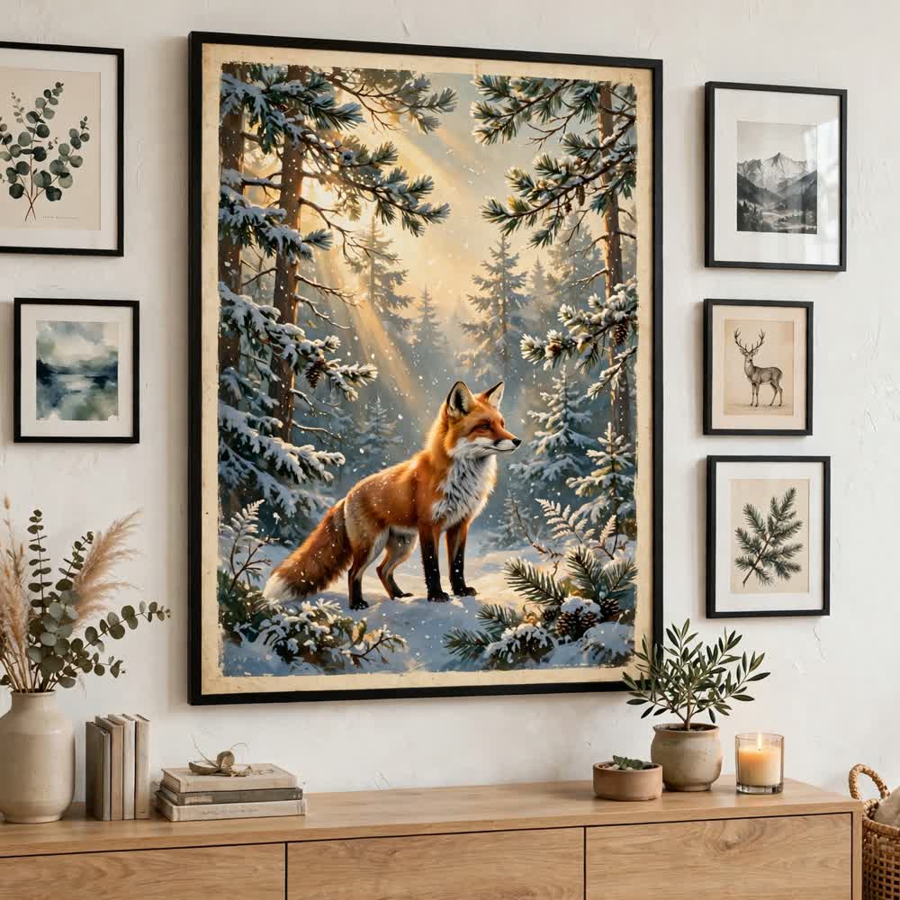 Woodland Fox in Snow — Vintage Winter Landscape Poster