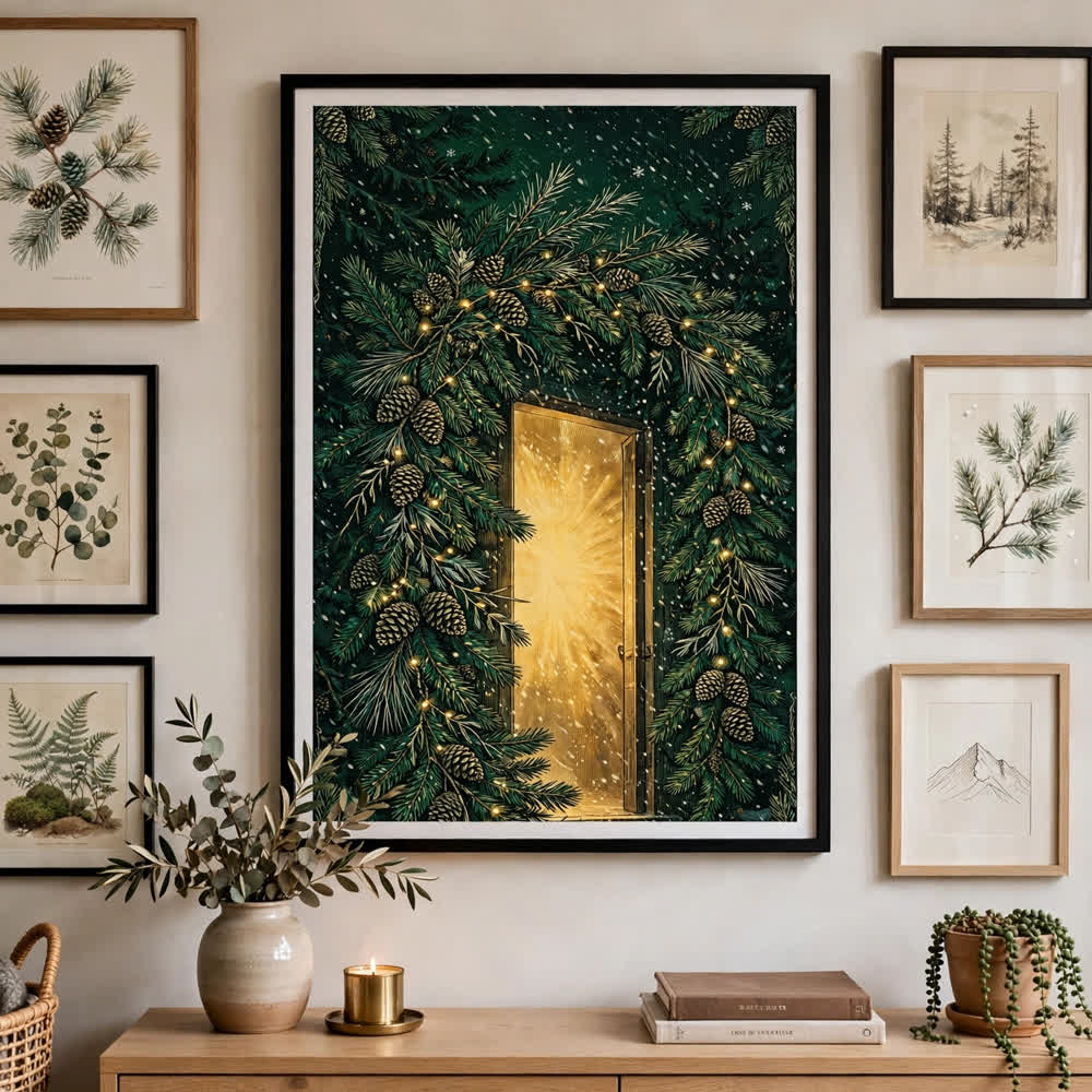 Evergreen Archway — Vintage Winter Landscape Poster